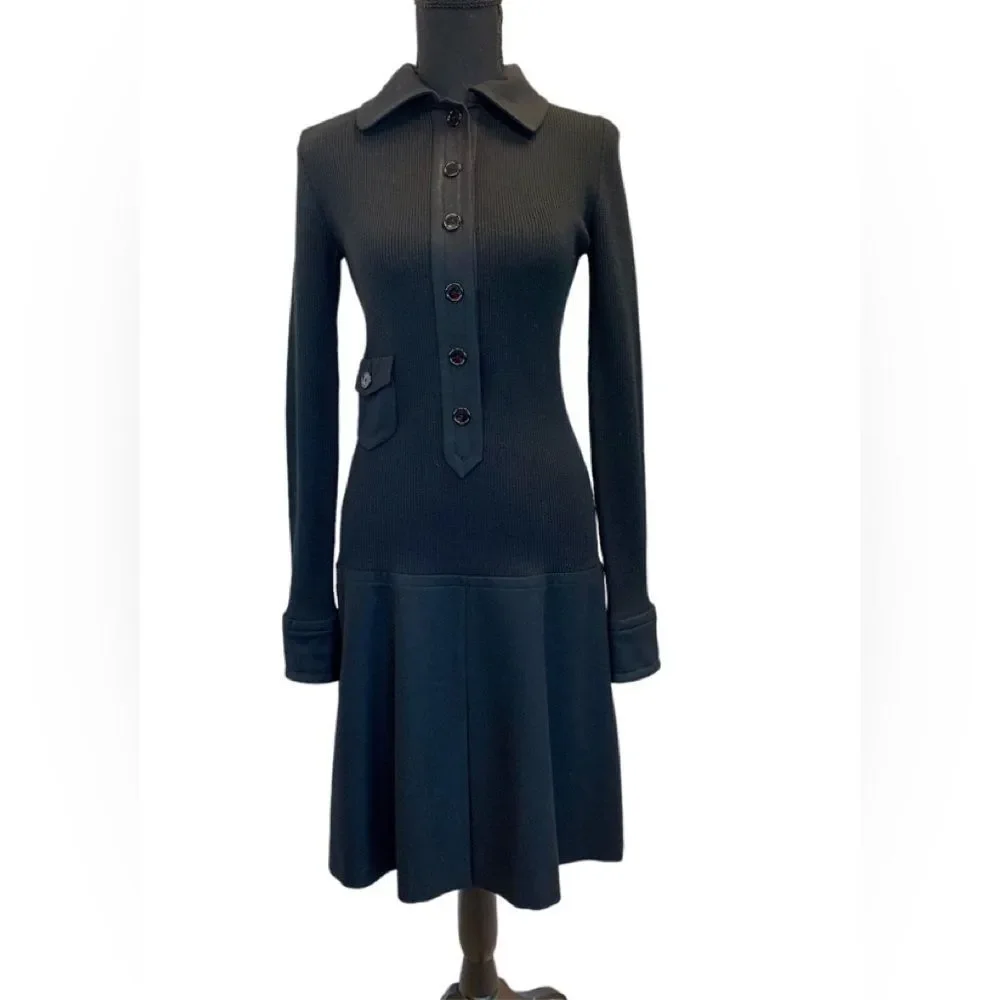 Akris Punto black ribbed knit long sleeve pleated wool dress Sz 4 NWOT - Picture 14 of 14